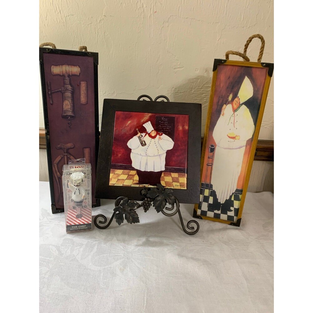 Vintage "Fat Chef" Kitchen Decor Bundle - FramedTile, 2 Wine Boxes, bottle Stopp